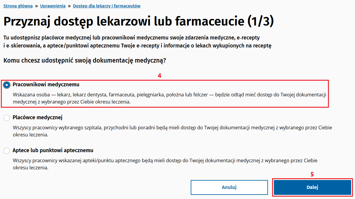 Ekran wyboru: Pracownik medyczny